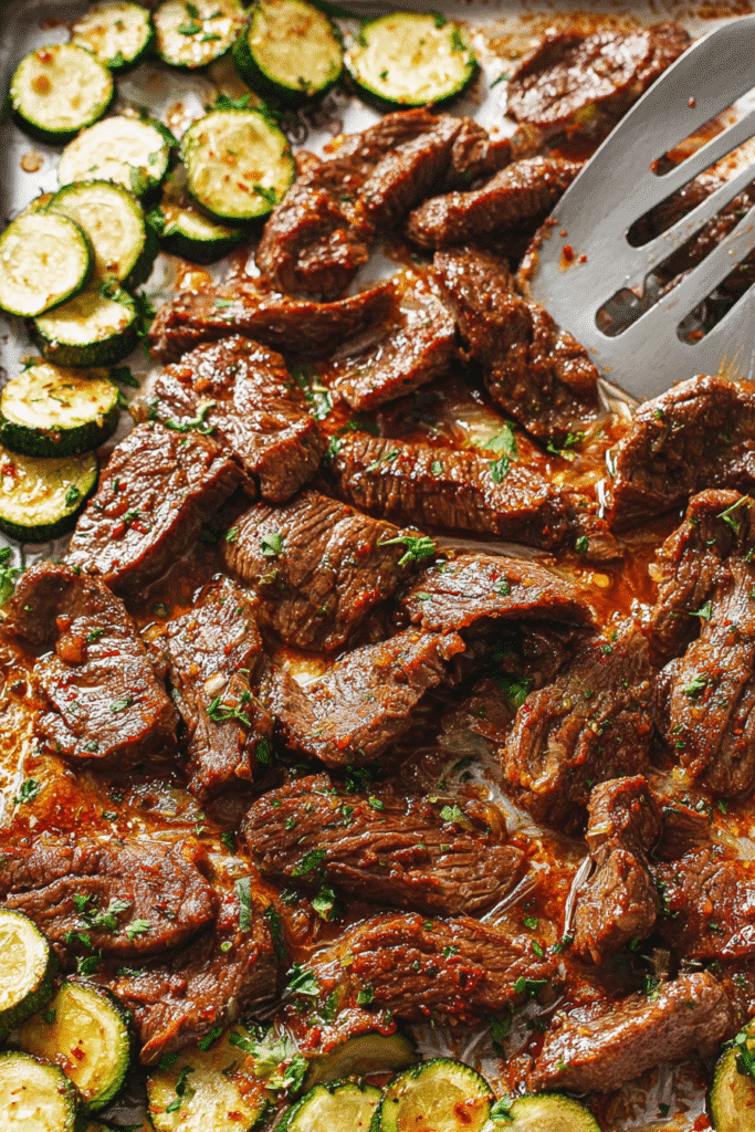 Close-up of roasted steak and zucchini for sheet pan steak with lemon zucchini.