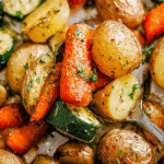 Garlic herb roasted carrots, zucchini, and baby potatoes scooped with a spoon from a baking tray.