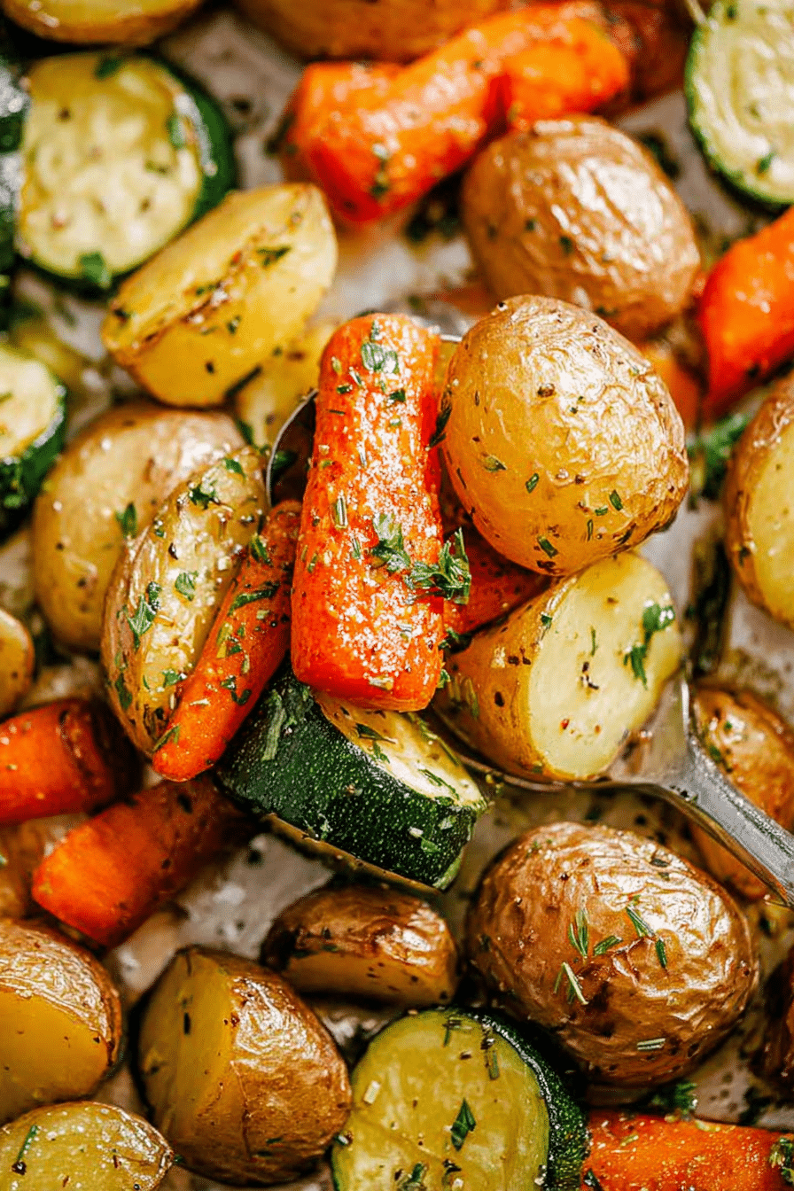 Garlic herb roasted carrots, zucchini, and baby potatoes scooped with a spoon from a baking tray.