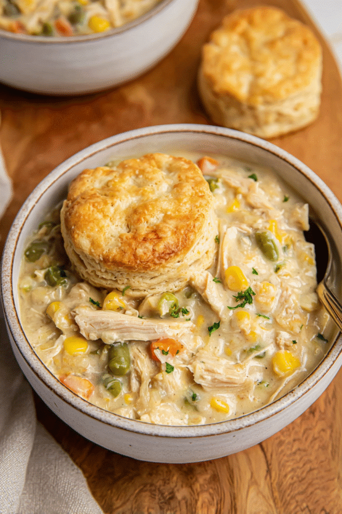Hearty crock pot chicken pot pie with creamy filling and golden biscuit topping.