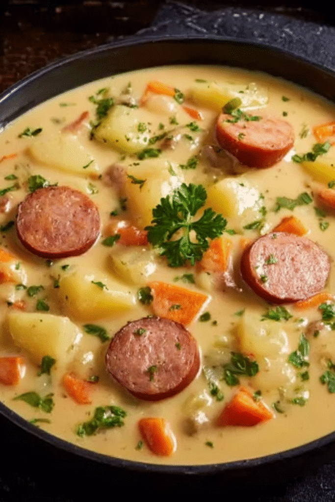 Slow Cooker German Potato Soup with Sausages featuring creamy broth