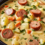 Slow Cooker German Potato Soup with Sausages featuring creamy broth, sliced sausage, carrots, and fresh parsley in a black bowl.