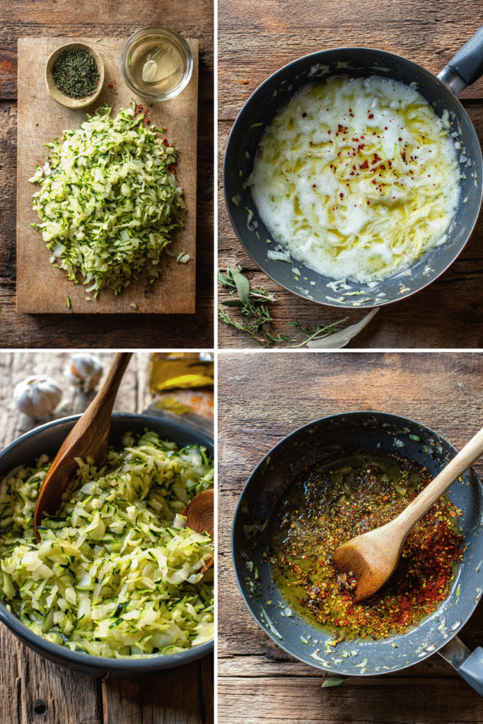 Grated zucchini and aromatics cooking in skillet for creamy zucchini sauce
