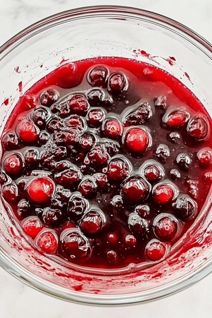 Bowl of cooled cranberry jam with whole berries and glossy texture