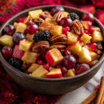 Fall fruit salad with apples, grapes, blackberries, and pecans in a rustic bowl dusted with cinnamon
