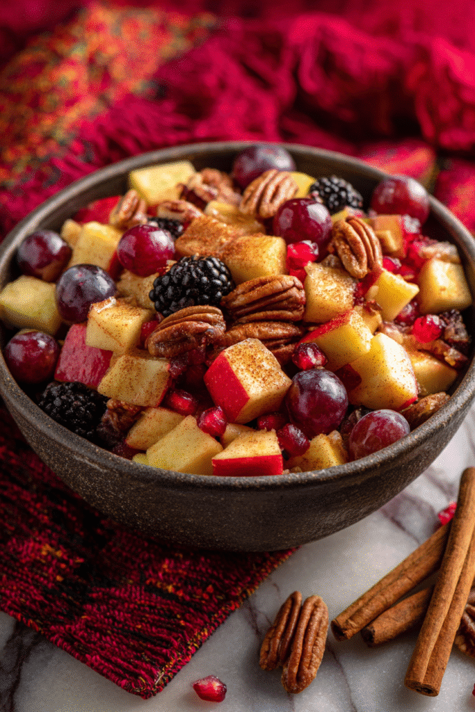 Fall fruit salad with apples, grapes, blackberries, and pecans in a rustic bowl dusted with cinnamon
