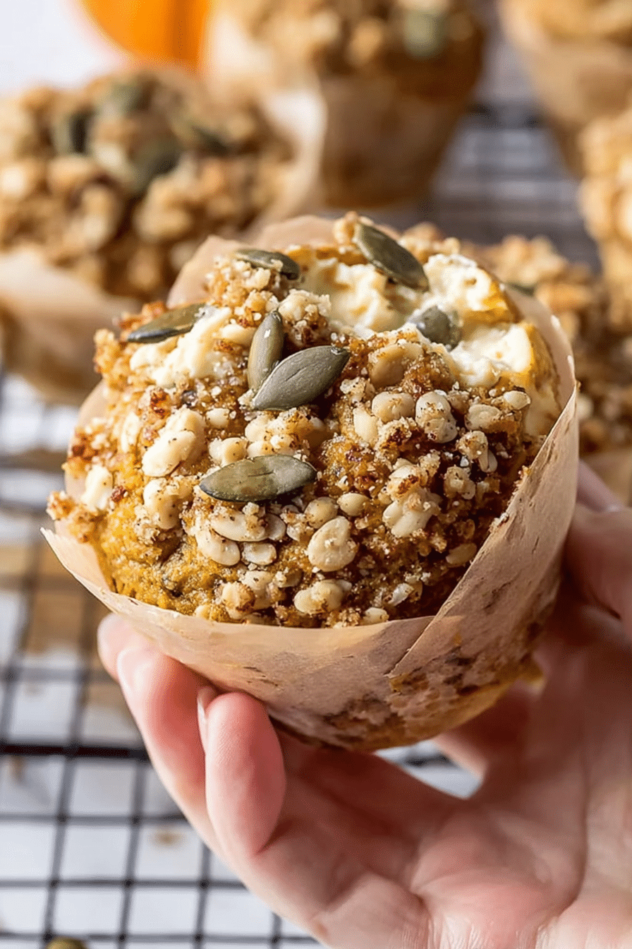 Hand holding a gluten free pumpkin cream cheese muffin with streusel topping and visible cream cheese center.