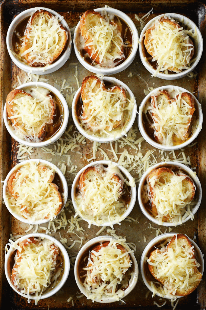 A comforting tray of slow cooker French onion soup served in matching bowls, each layered with crunchy bread and gooey cheese for the perfect homemade touch.