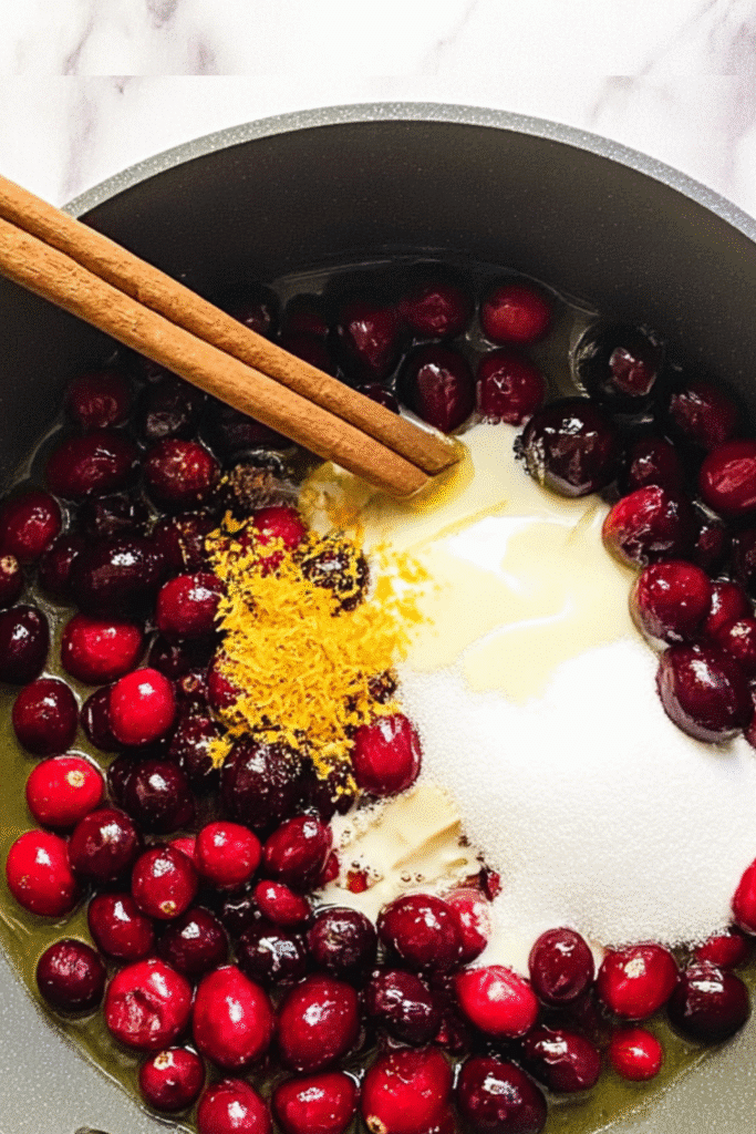 Saucepan filled with cranberries, sugar, juice, zest, and cinnamon stick before cooking