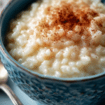 Creamiest rice pudding in a rustic blue bowl, topped with cinnamon and glowing in soft natural light