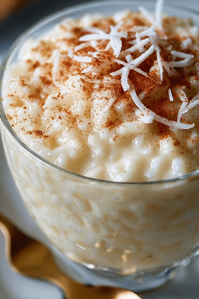 Creamiest rice pudding in a clear glass dish topped with cinnamon and shredded coconut
