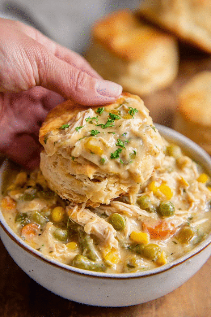 Hand holding biscuit topped with creamy crock pot chicken pot pie and vegetables.