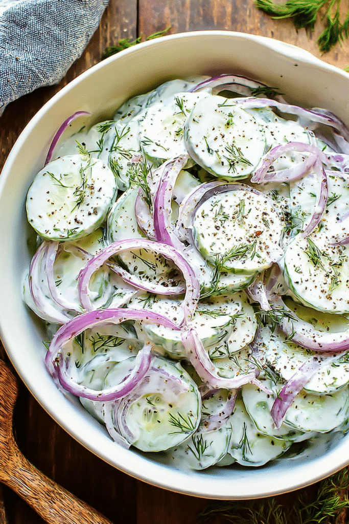 Creamy cucumber salad with red onions, dill, and black pepper in a white bowl on a rustic wooden surface.