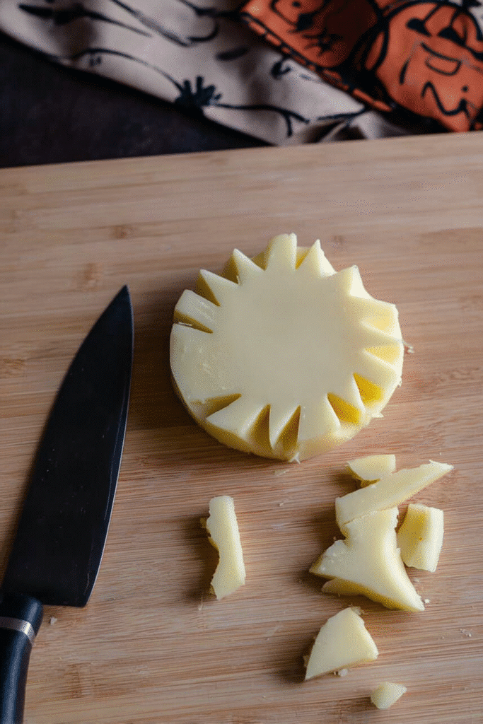 Provolone cheese slice cut into jagged teeth for Halloween Chicken Parmesan Sliders, on a wood cutting board.