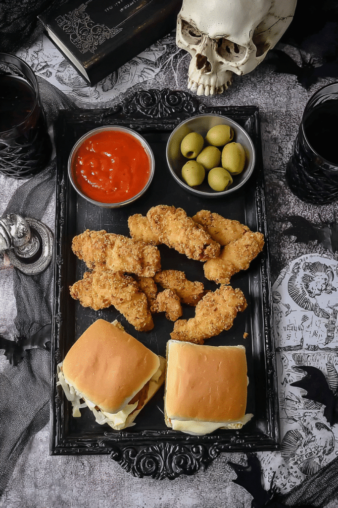 Flat lay of Halloween Chicken Parmesan Slider ingredients with spooky decor, buns, chicken tenders, cheese, and sauce.