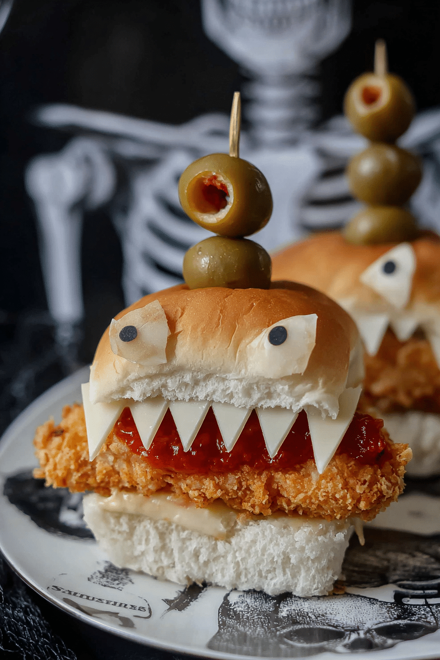 Spooky Halloween Chicken Parmesan Sliders with cheese teeth and olive eyes on a skeleton-themed plate.