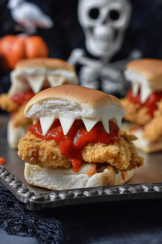 Halloween Chicken Parmesan Slider with crispy chicken, marinara, and monster-style provolone cheese teeth on a spooky background.