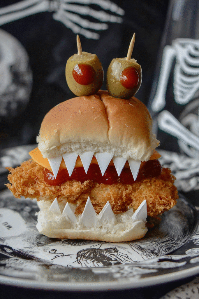 Turn your sliders into spooky monsters! These Halloween Chicken Parmesan Sliders come to life with sharp cheese teeth and olive eyeballs—ideal for haunted gatherings.