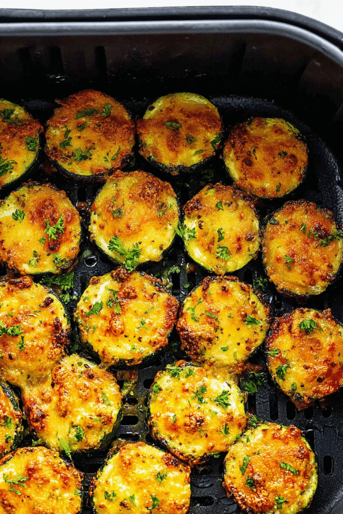 Air fryer roasted zucchini slices with golden cheese crust and fresh parsley.