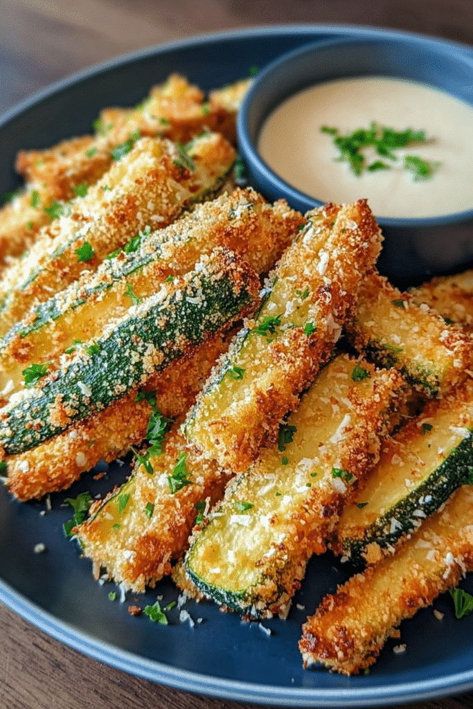 Crispy garlic parmesan zucchini fries in air fryer served with dipping sauce and fresh parsley.