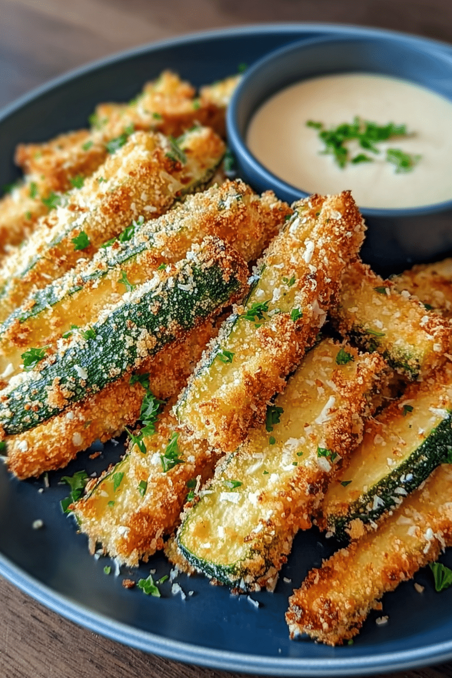Crispy garlic parmesan zucchini fries in air fryer served with dipping sauce and fresh parsley.
