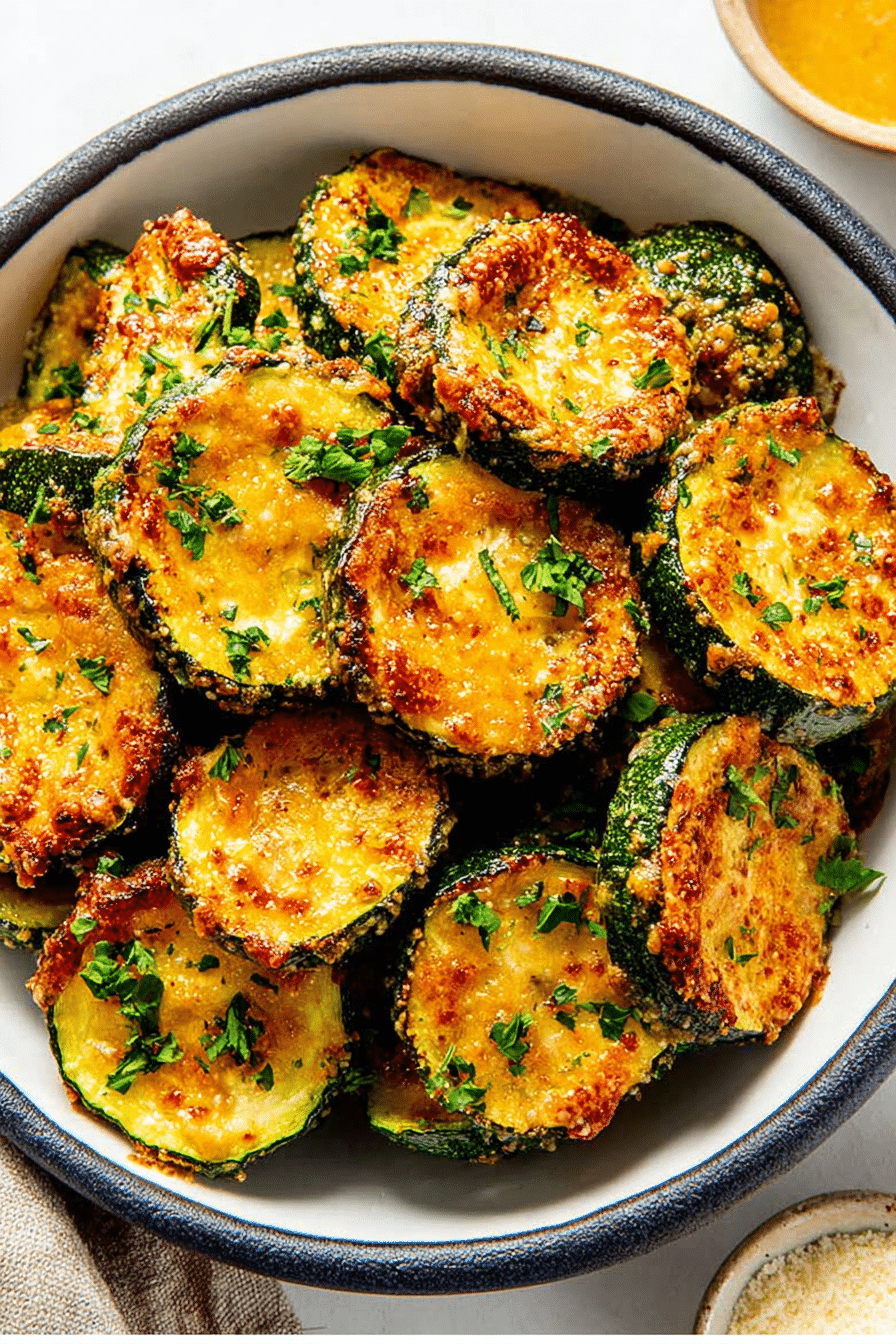 Crispy roasted zucchini slices topped with parsley in a white bowl.