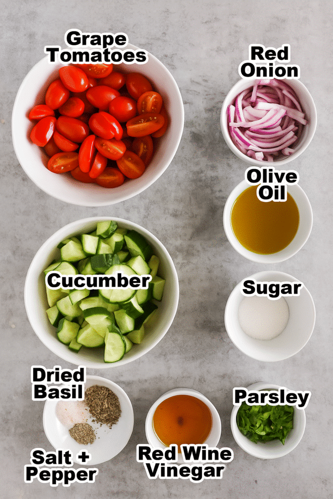 ngredients for cucumber tomato salad in labeled white bowls on a gray surface.