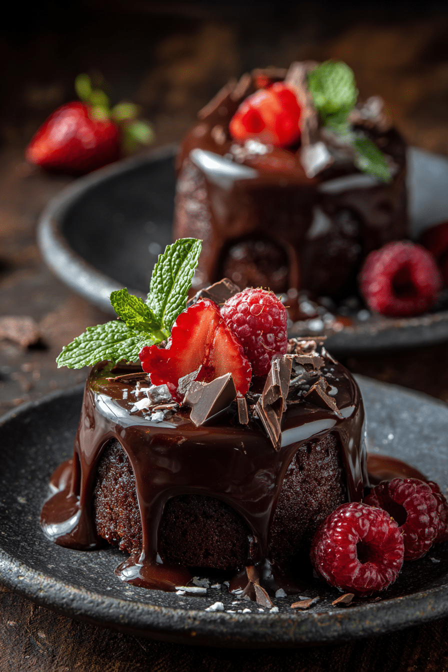 Two rich, decadent chocolate desserts topped with berries, nuts, and ganache, highlighting indulgent textures and gourmet presentation.