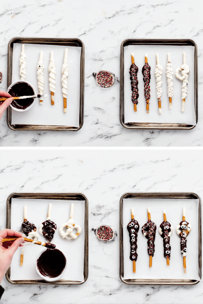 Step-by-step Halloween pretzel decorating with white chocolate, dark chocolate, and festive toppings.