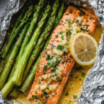 Baked salmon asparagus foil packs with garlic butter, lemon slices, and fresh herbs.