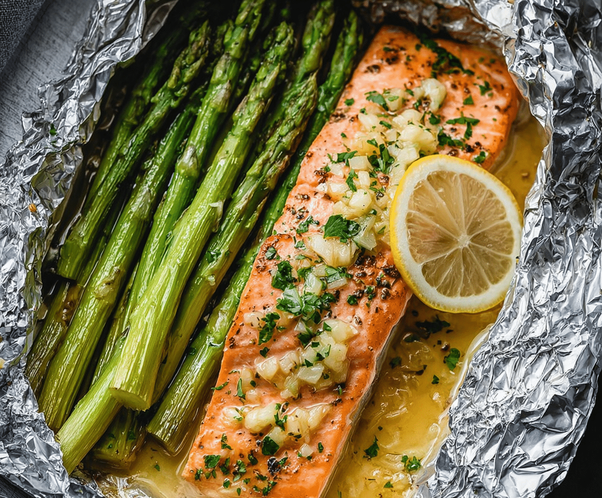 Baked salmon asparagus foil packs with garlic butter, lemon slices, and fresh herbs.
