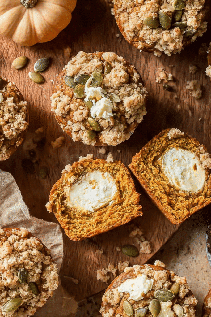 Gluten free pumpkin cream cheese muffins with streusel topping and creamy filling on a rustic wooden board.