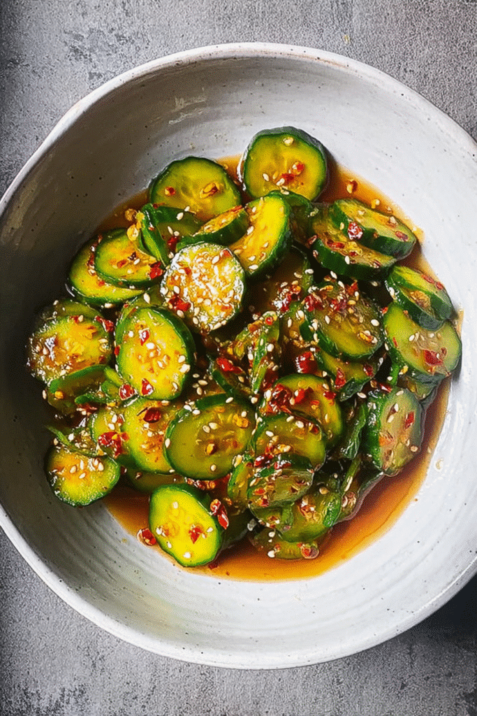 Bowl of Easy Asian Cucumber Salad with soy sesame dressing, topped with chili flakes and sesame seeds