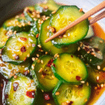 Close-up of Easy Asian Cucumber Salad with cucumbers in soy dressing, topped with sesame seeds and chili flakes.