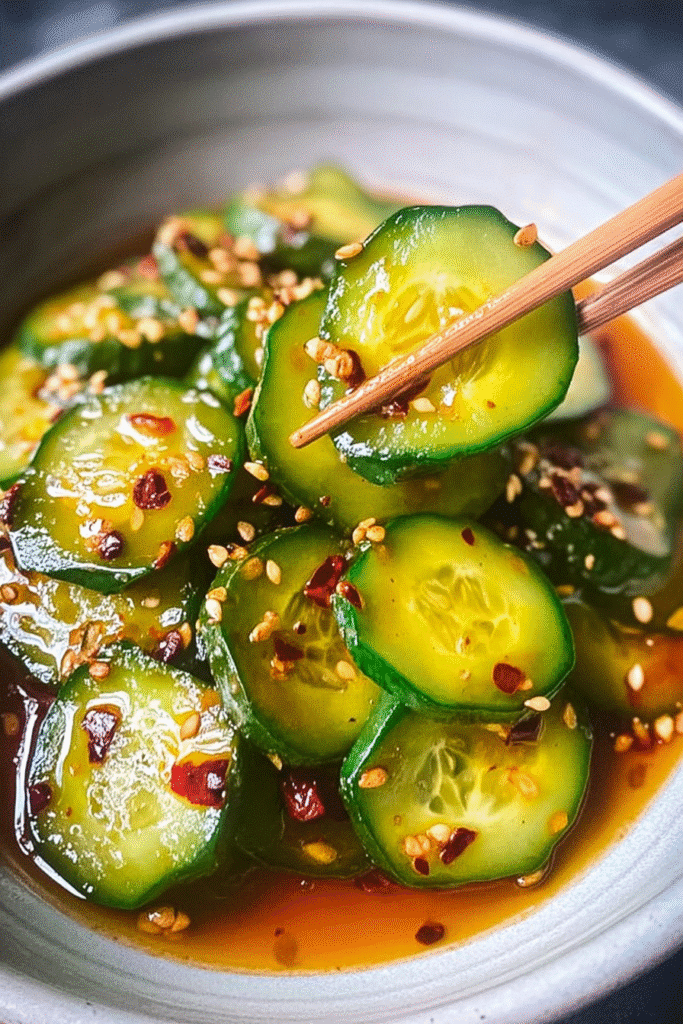 Close-up of Easy Asian Cucumber Salad with cucumbers in soy dressing, topped with sesame seeds and chili flakes.