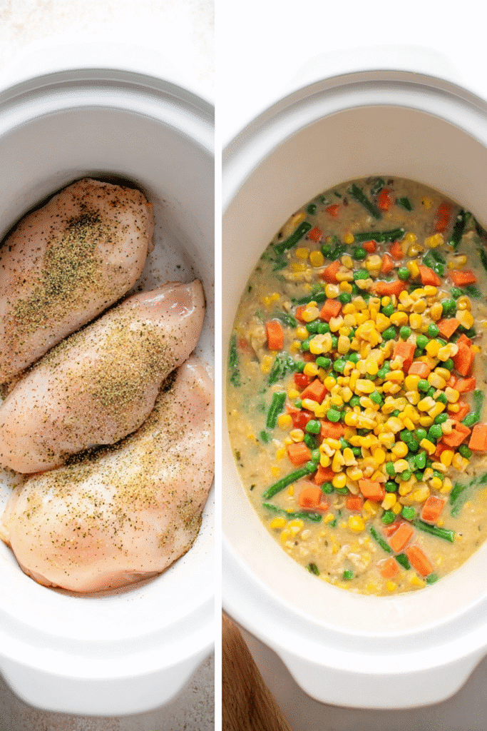 Crock pot chicken pot pie prep with seasoned chicken and mixed vegetables in creamy base.