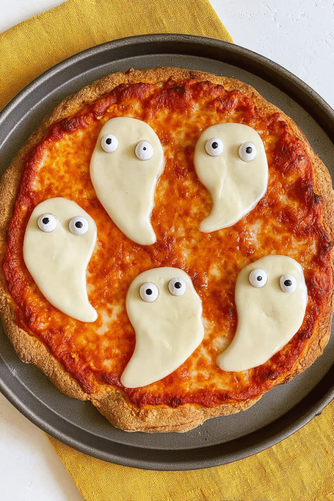 Halloween spaghetti with meatball eyeballs made from mozzarella and olives, a fun and easy dinner idea for kids.