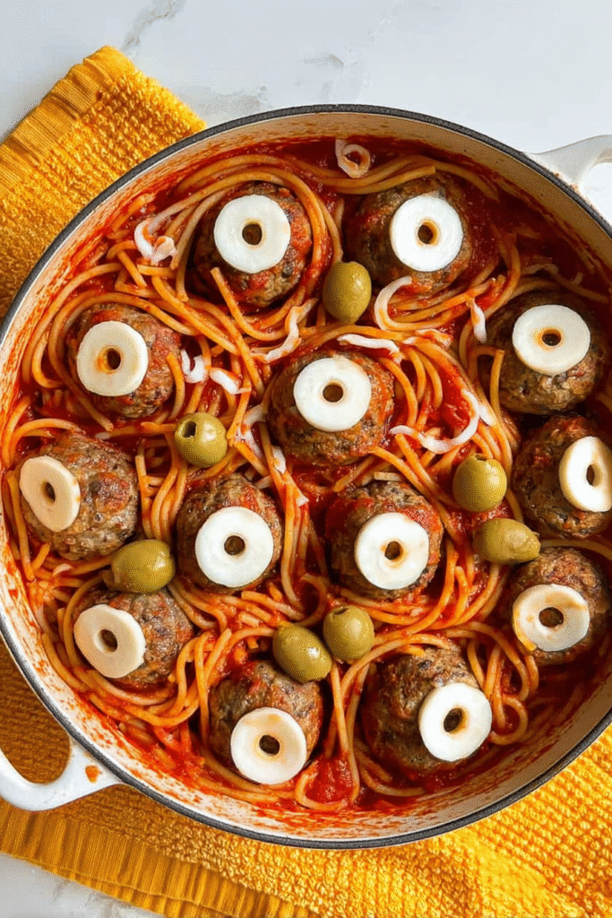 This creepy spaghetti with meatball eyeballs is an easy Halloween dinner idea that’s spooky enough to thrill kids and simple enough for a busy weeknight.