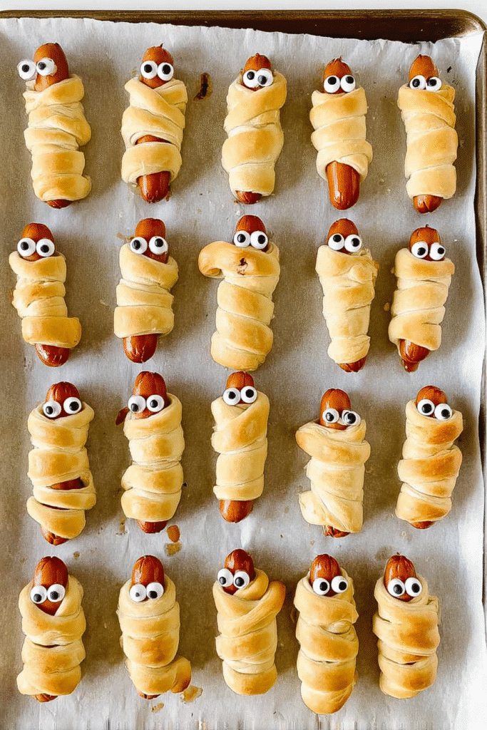 Mummy hot dogs wrapped in golden crescent dough with candy eyes, perfect for easy Halloween dinners for kids.