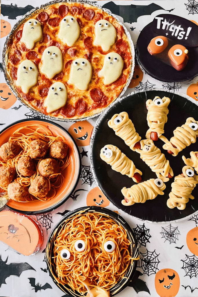 Halloween dinner spread with ghost pizza, spaghetti eyeballs, and mummy hot dogs—perfect ideas for easy Halloween dinners for kids.