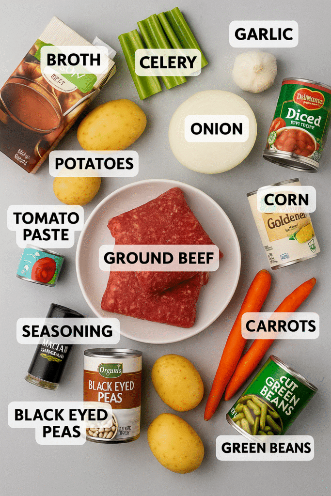 Flat lay of cowboy soup ingredients including ground beef, vegetables, canned goods, and seasoning on a light background.