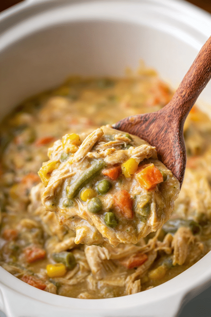 Creamy chicken pot pie filling scooped from a white oval crock pot with vegetables and gravy.