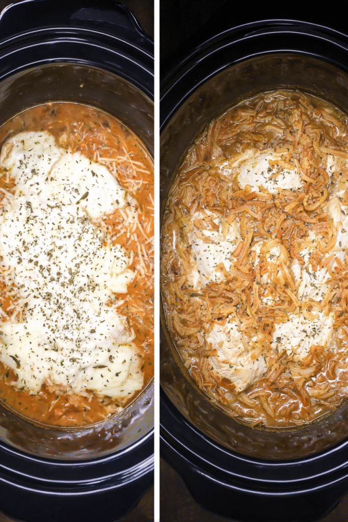 Final Crock Pot French Onion Chicken steps showing melted cheese with herbs, finished with crispy fried onions on top.