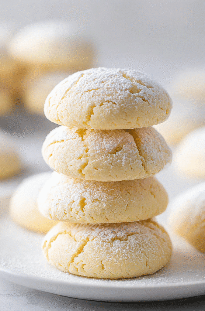Stack of four cream cheese cookies topped with powdered sugar on a white plate.