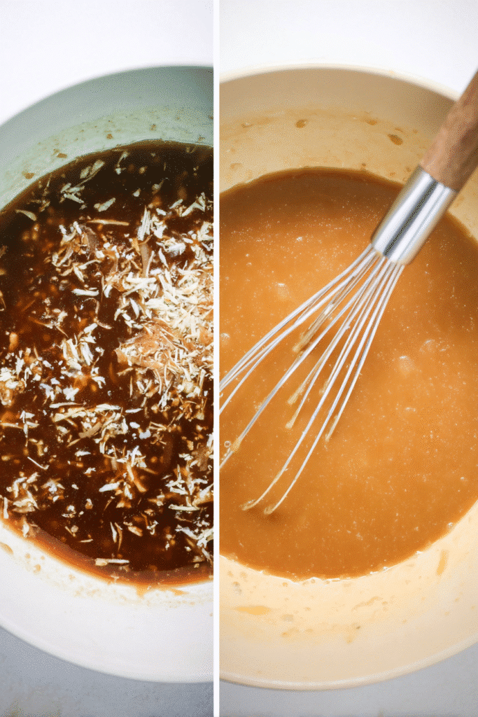 Side-by-side images of Crock Pot French Onion Chicken sauce prep with onion soup mix and a whisked golden-brown sauce.