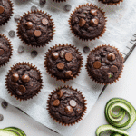 Freshly baked chocolate zucchini muffins with chocolate chips on parchment paper and a cooling rack