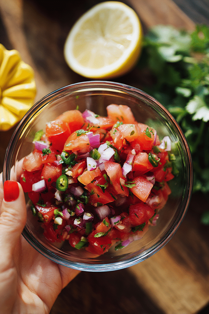 Fresh tomato salsa in a glass bowl with diced tomatoes, onions, chilies, and herbs, held by hand over rustic background.