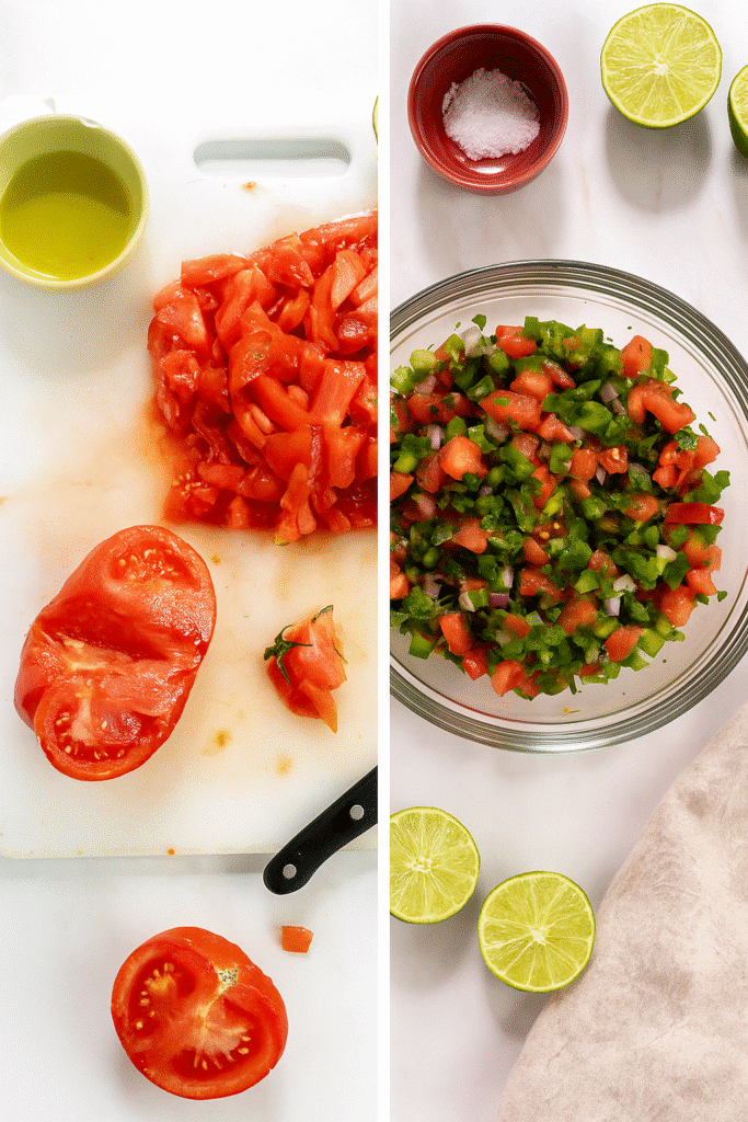 Step-by-step prep of fresh tomato salsa with chopped tomatoes, peppers, and onions in a glass bowl, limes, and salt on white surface.