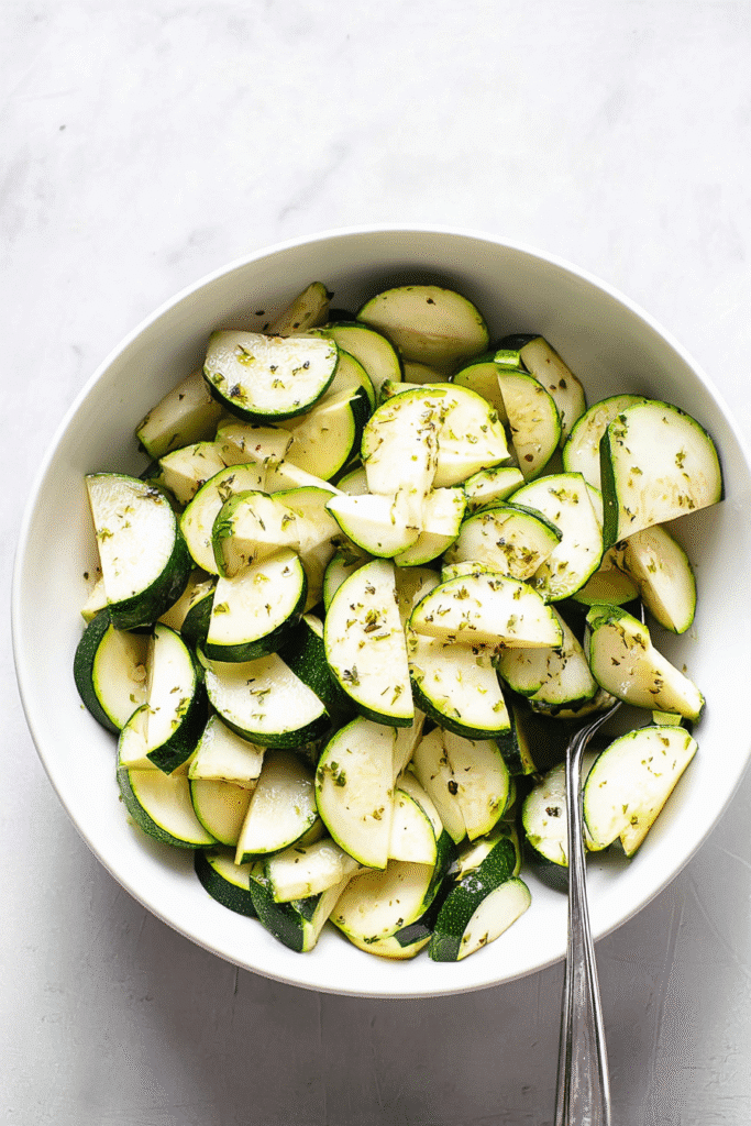 Freshly sliced zucchini seasoned for sheet pan steak with lemon zucchini.