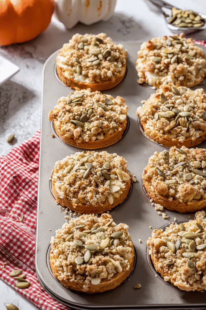 Freshly baked gluten free pumpkin cream cheese muffins on a tray with golden streusel and pumpkin seeds.